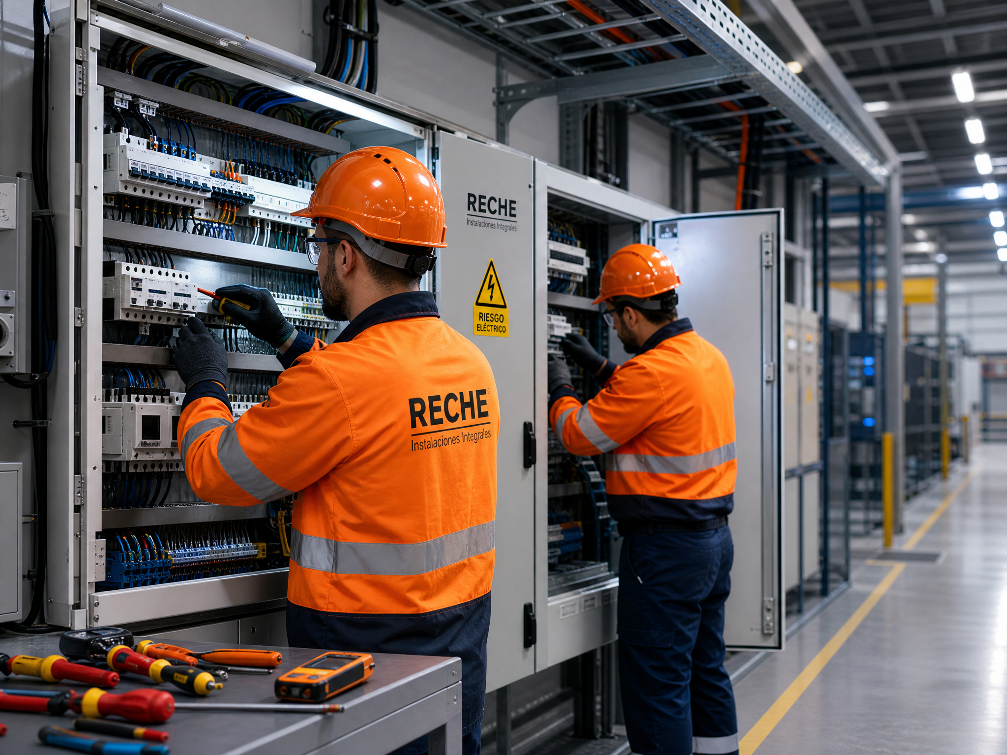 Equipo de electricistas en industria
